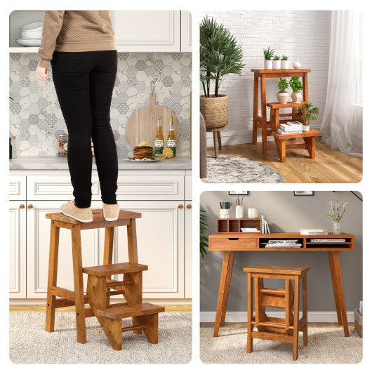 3-in-1 Rubber Wood Step Stool with Convenient Handle-Natural