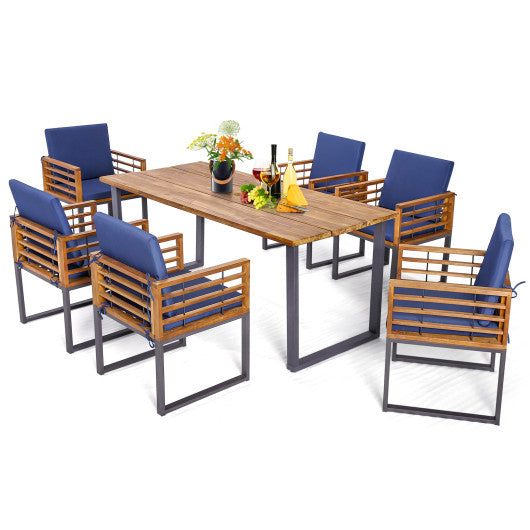 7 Pieces Patio Acacia Wood Dining Chair and Table Set for Backyard and Poolside-Navy
