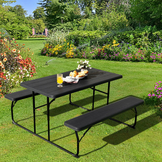 Indoor and Outdoor Folding Picnic Table Bench Set with Wood-like Texture-Black