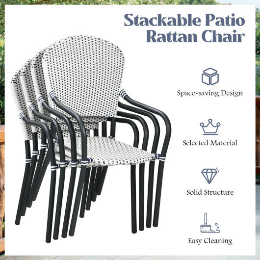 Set of 4 Patio Rattan Stackable Dining Chair with Armrest for Garden-White