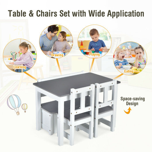 4 Pieces Kids Wooden Activity Table and Chairs Set with Storage Bench and Study Desk-Gray