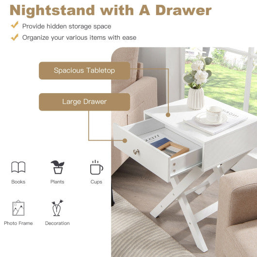 Modern X-Shaped Nightstand with Drawer for Living Room Bedroom-White