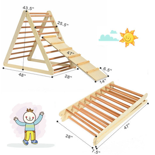 Foldable Wooden Climbing Triangle Indoor with Ladder for Toddler Baby-Natural