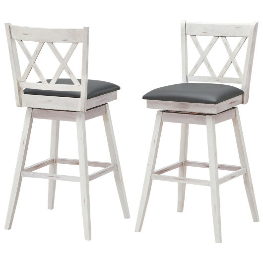 2 Pieces 29 Inches Swivel Counter Height Barstool Set with Rubber Wood Legs-White