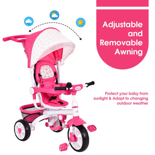 4-in-1 Detachable Baby Stroller Tricycle with Round Canopy -Pink