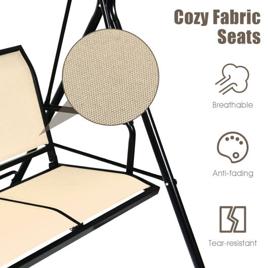 3 Person Steel Frame Patio Swing with Polyester Angle and Adjustable Canopy-Brown