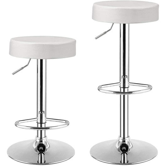 Set of 2 Adjustable Round PU Leather Swivel Barstool with Chrome Footrest-White