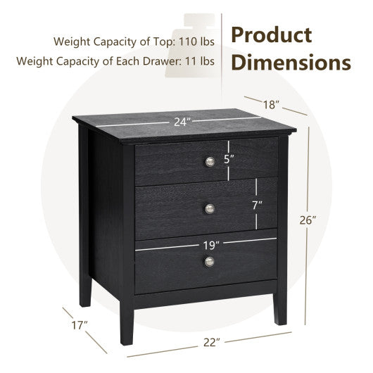 Nightstand Beside End Side Table Organizer with 3 Drawers-Black