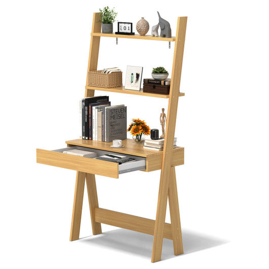 Ladder Shelf Desk Bookcase with Countertop Drawer and 2 Shelves-Natural