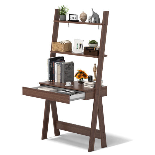 Ladder Shelf Desk Bookcase with Countertop Drawer and 2 Shelves-Walnut