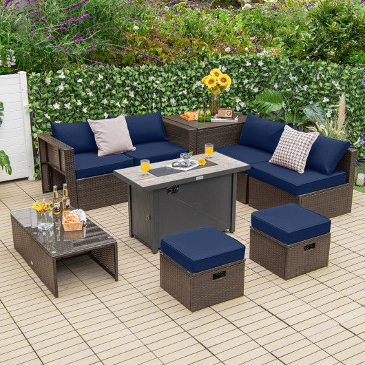 9 Pieces Outdoor Patio Furniture Set with 42 Inch Propane Fire Pit Table-Navy