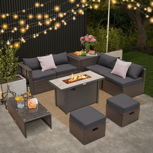 9 Pieces Outdoor Patio Furniture Set with 42 Inch Propane Fire Pit Table-Gray
