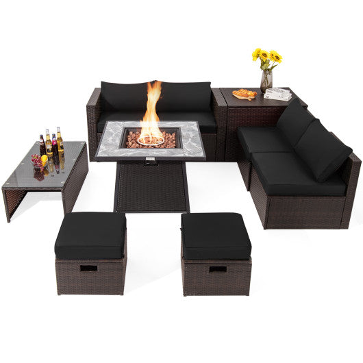 9 Pieces Patio PE Wicker Sectional Set with 50000 BTU Fire Pit Table-Black