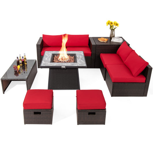 9 Pieces Patio PE Wicker Sectional Set with 50000 BTU Fire Pit Table-Red