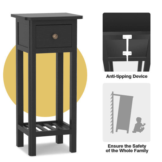 2 Tier Slim Nightstand Bedside Table with Drawer Shelf-Black