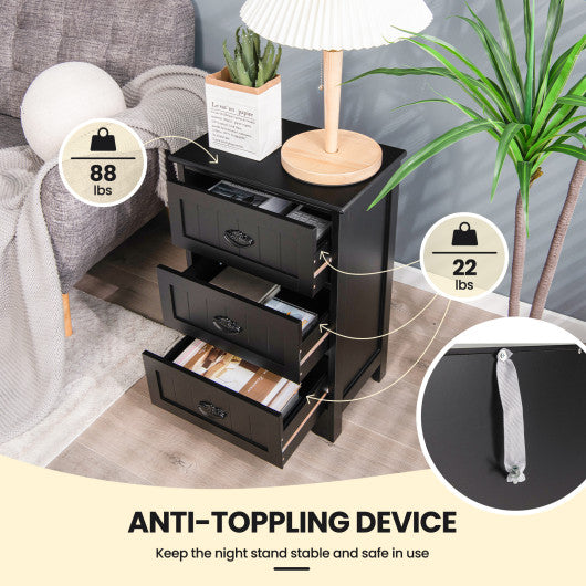 3 Drawers End Storage Wood Side Nightstand-Black