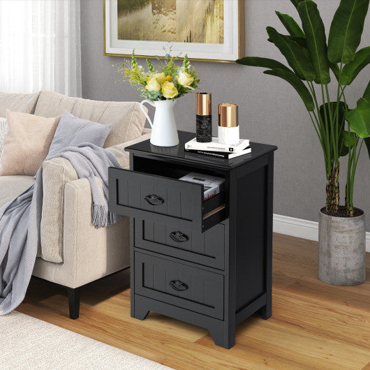 3 Drawers End Storage Wood Side Nightstand-Black