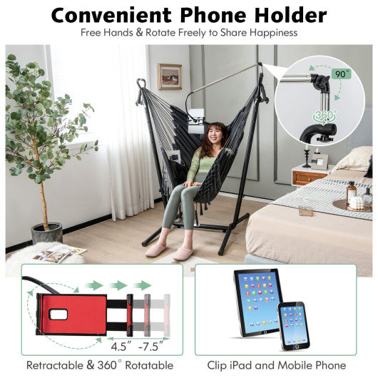 Height Adjustable Hammock Chair with Phone Holder and Side Pocket-Gray