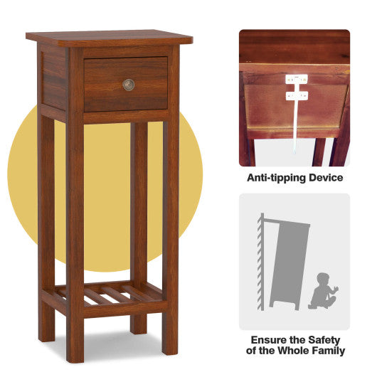 2 Tier Slim Nightstand Bedside Table with Drawer Shelf-Brown