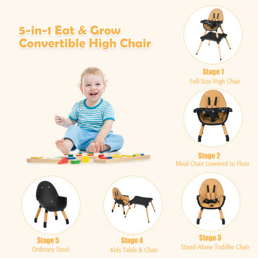 5-in-1 Baby Eat and Grow Convertible Wooden High Chair with Detachable Tray-Coffee