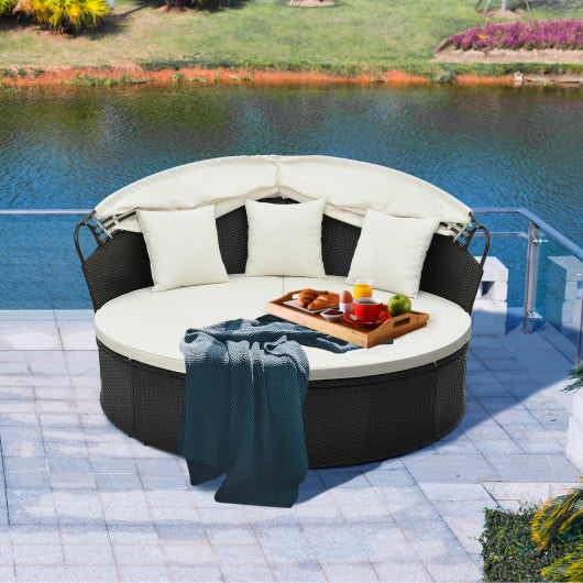 Clamshell Patio Round Daybed Wicker with Retractable Canopy and Pillows-Off White