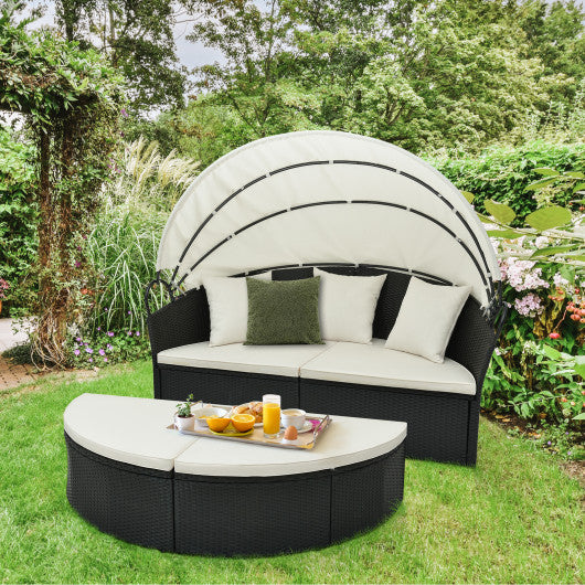 Clamshell Patio Round Daybed Wicker with Retractable Canopy and Pillows-Off White