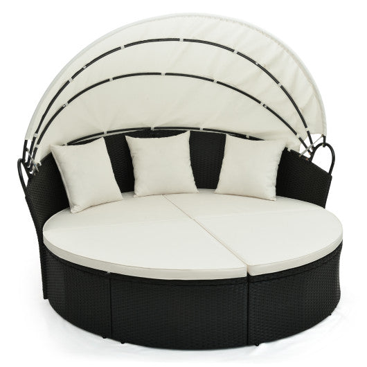 Clamshell Patio Round Daybed Wicker with Retractable Canopy and Pillows-Off White