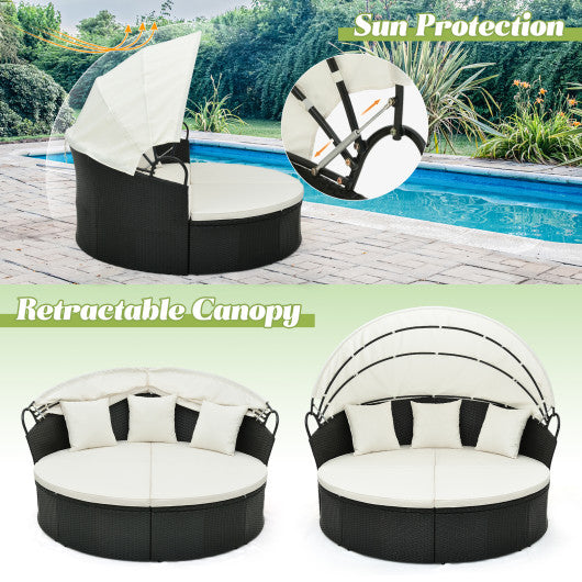 Clamshell Patio Round Daybed Wicker with Retractable Canopy and Pillows-Off White