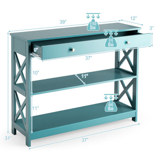 Console Table 3-Tier with Drawer and Storage Shelves-Turquoise