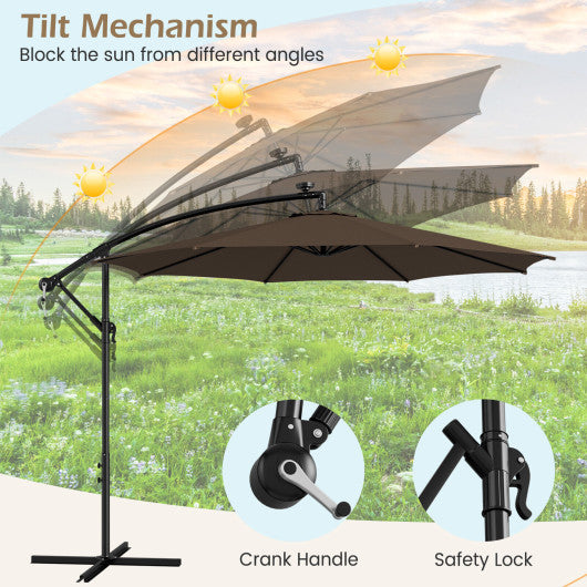 10 Feet Patio Offset Umbrella with 112 Solar-Powered LED Lights-Beige-Coffee