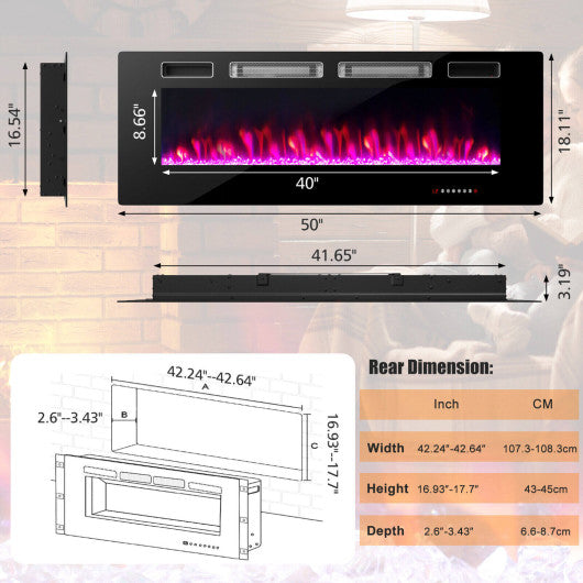 42/50/60/72 Inch Ultra-Thin Electric Fireplace with Decorative Crystals-50 inches