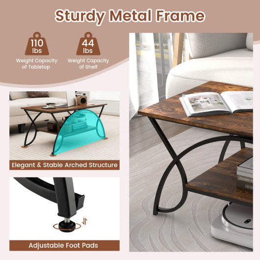 2-Tier Faux Marble Coffee Table with Marble Top and Metal Frame-Rustic Brown