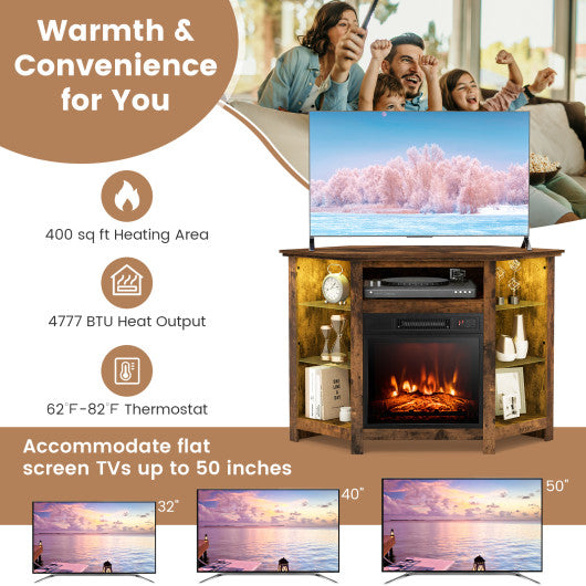 Fireplace Corner TV Stand with LED Lights and Smart APP Control for 50 Inches TV-Rustic Brown