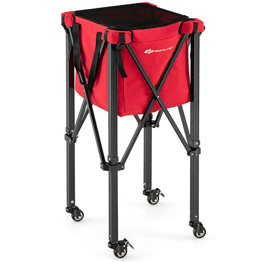 Lightweight Foldable Tennis Ball Teaching Cart with Wheels and Removable Bag-Red