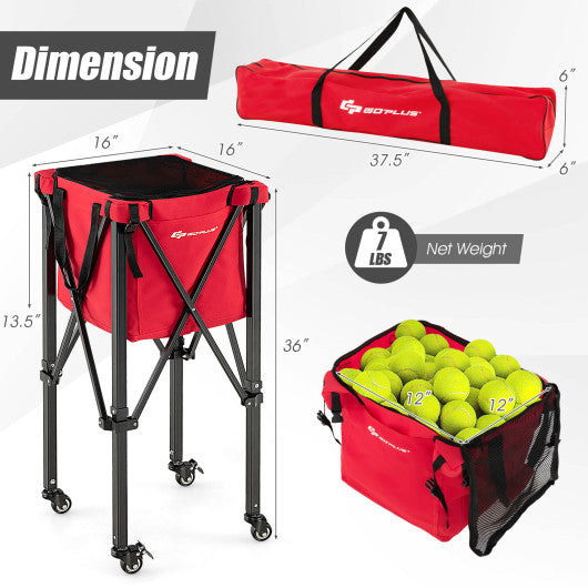 Lightweight Foldable Tennis Ball Teaching Cart with Wheels and Removable Bag-Red