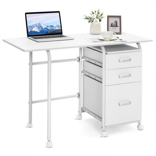 Home Office Folding Computer Laptop Desk Wheeled with 3 Drawers-White