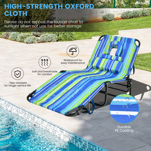 Beach Chaise Lounge Chair with Face Hole and Removable Pillow-Blue & Green