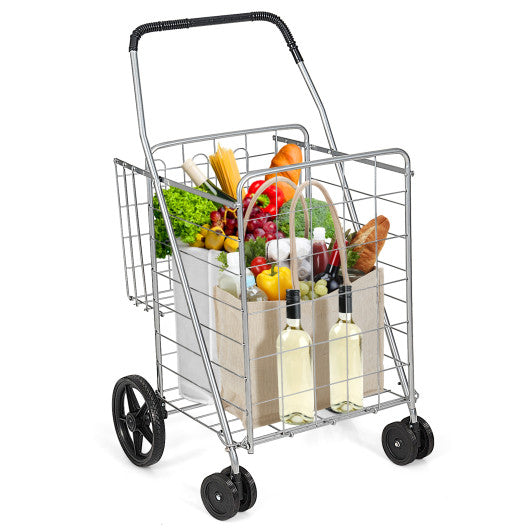 Folding Shopping Cart for Laundry with Swiveling Wheels and Dual Storage Baskets-Sliver