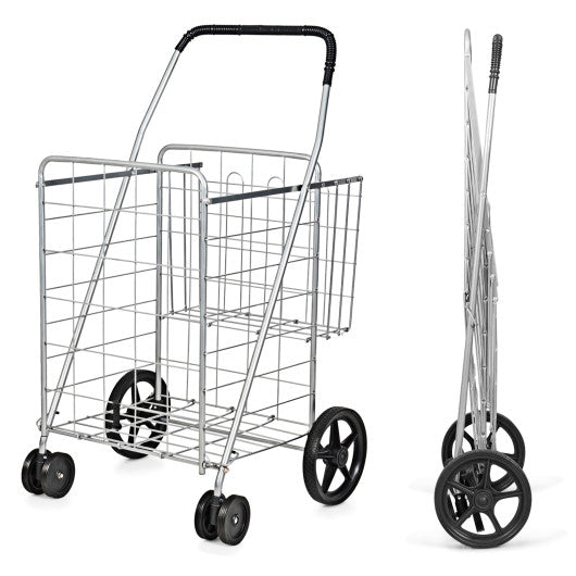 Folding Shopping Cart for Laundry with Swiveling Wheels and Dual Storage Baskets-Sliver