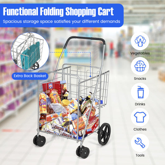 Folding Shopping Cart for Laundry with Swiveling Wheels and Dual Storage Baskets-Sliver
