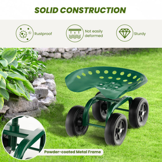Garden Rolling Workseat with 360 °Swivel Seat and Adjustable Height-Green
