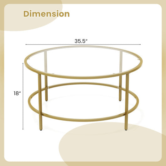 35.5 Inch Round Coffee Table with Tempered Glass Tabletop-Golden