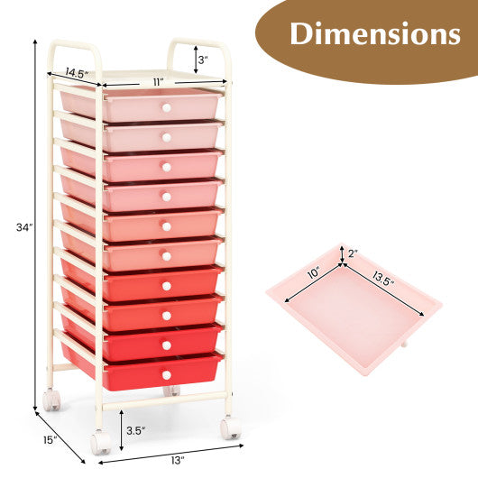10 Drawer Rolling Storage Cart Organizer with 4 Universal Casters-Gradient Pink
