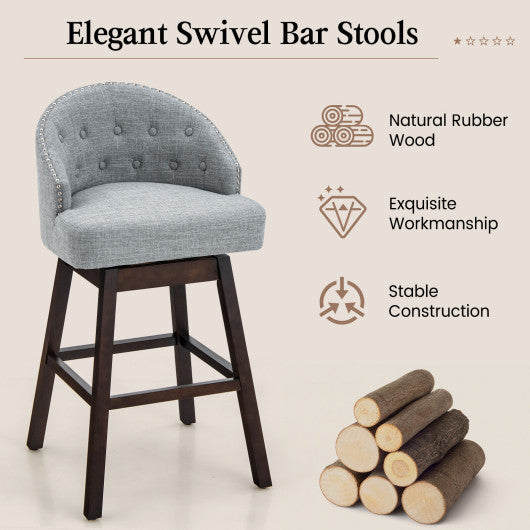 Set of 2 Swivel Bar Stools with Rubber Wood Legs and Padded Back-Gray