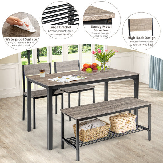 4 Pieces Rustic Dining Table Set with 2 Chairs and Bench-Gray