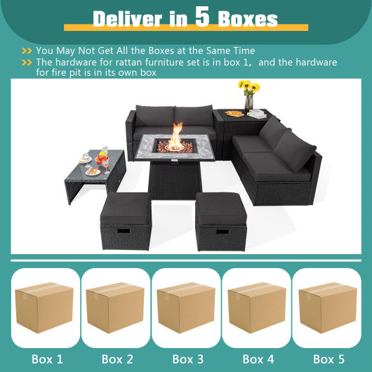 9 Pieces Outdoor Wicker Sectional with 35 Inch Gas Fire Pit Table-Gray