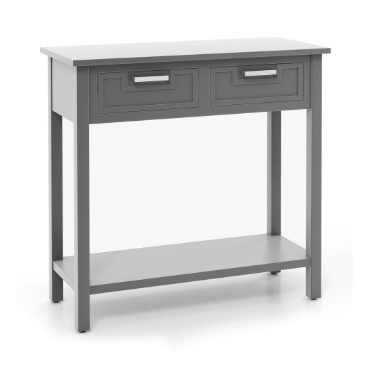 Narrow Console Table with Drawers and Open Storage Shelf-Gray