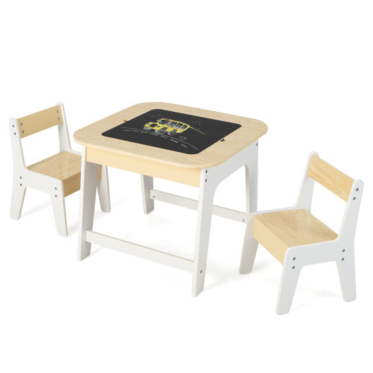 Kid's Table and Chairs Set with Double-sized Tabletop-Natural