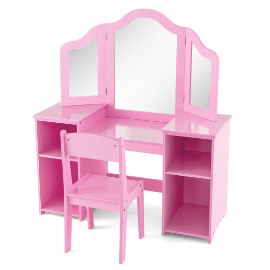 Kids Vanity Table and Chair Set with Removable Tri-Folding Mirror-Pink