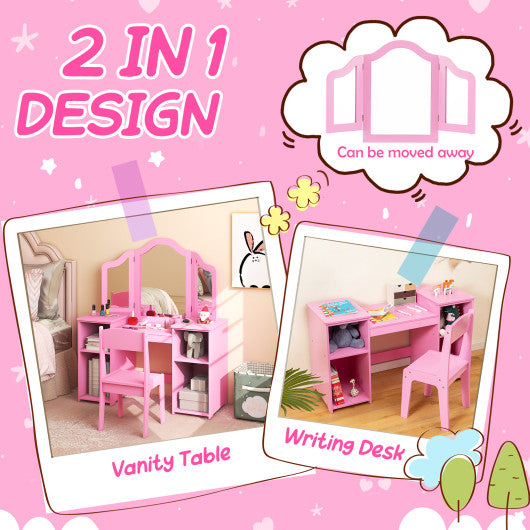 Kids Vanity Table and Chair Set with Removable Tri-Folding Mirror-Pink